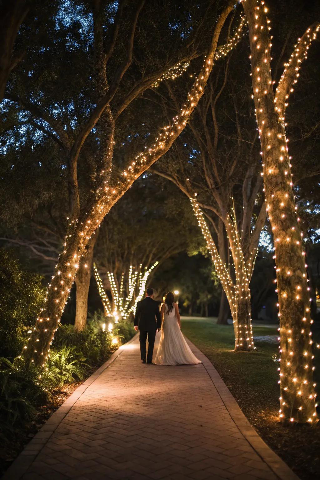 Fairy lights creating a magical glow in a wedding walkway