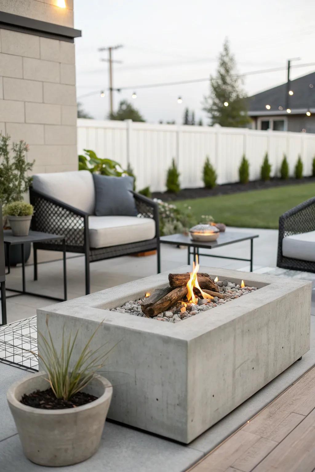 A modern concrete fire pit for an industrial touch.