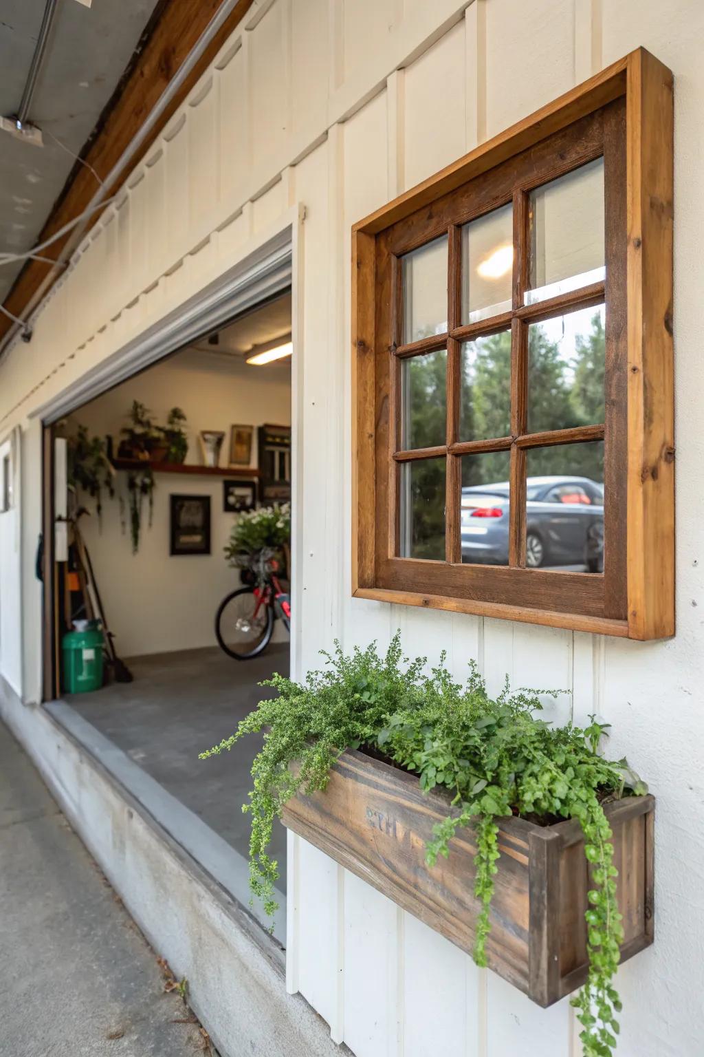 A faux window with plants adds artistic charm to your garage.