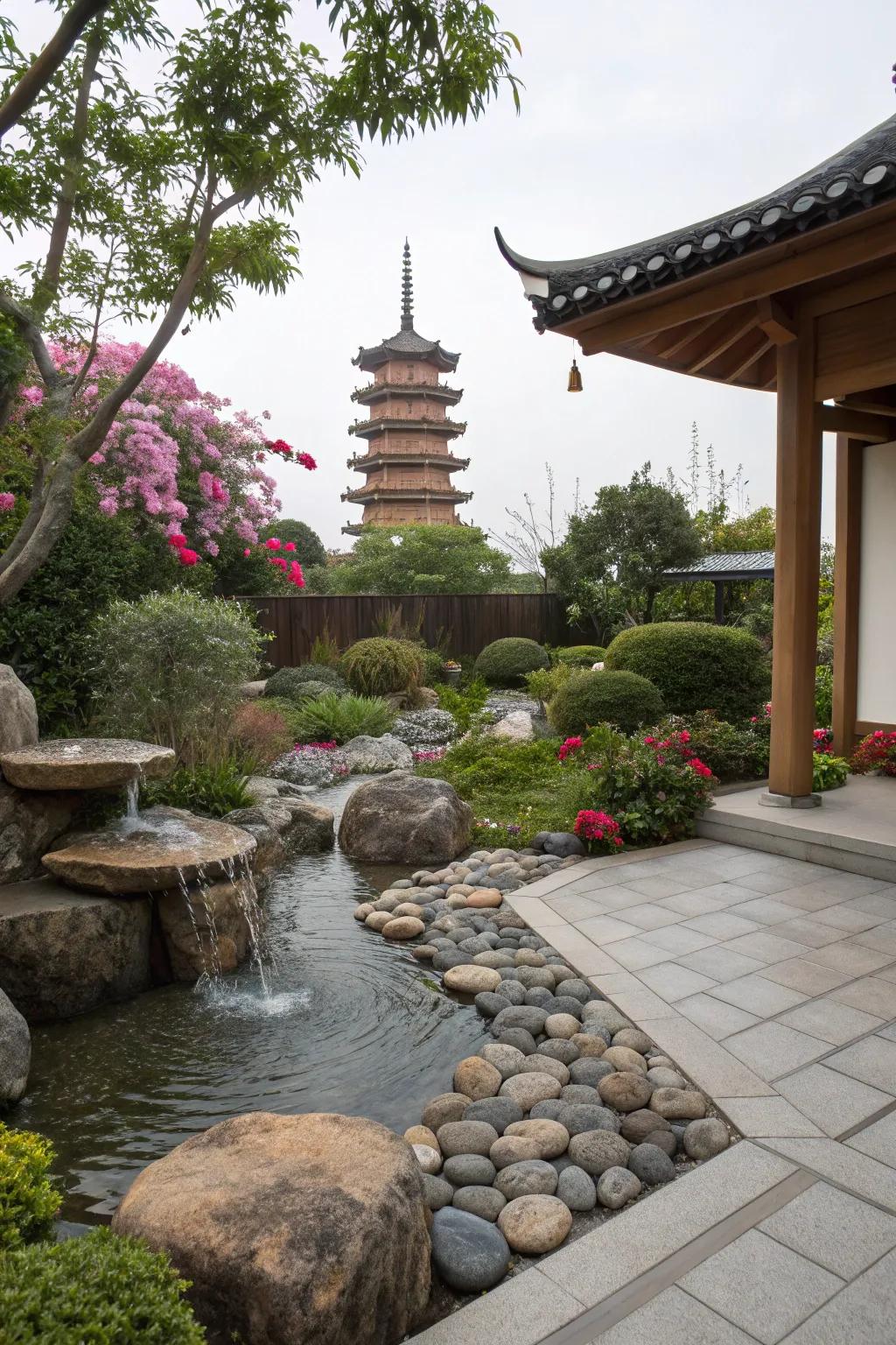 A Feng Shui corner with a pagoda offers balance and tranquility.