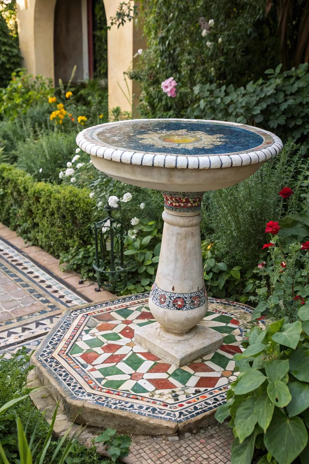 Cultural inspirations bring exotic beauty to this bird bath.