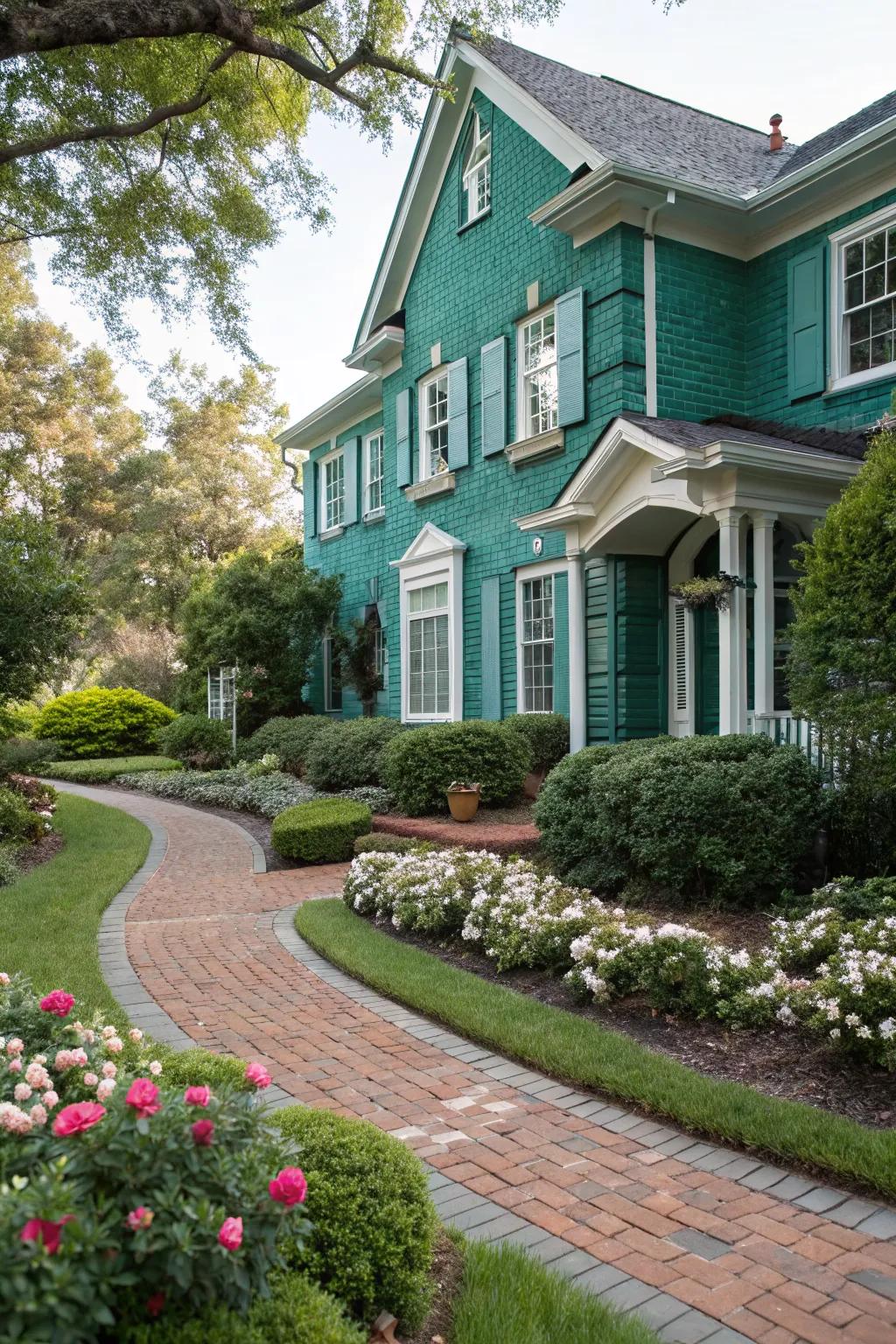 Teal painted brick adds a refreshing, elegant touch.