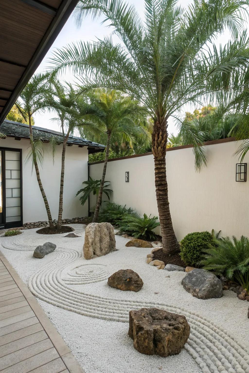 Palm trees enhance the tranquility of a Zen garden.