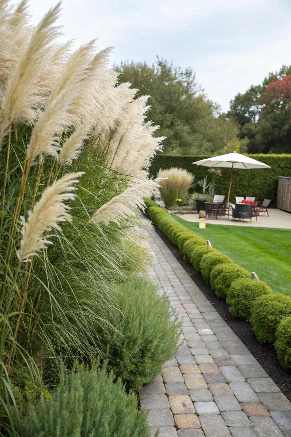 Pampas grass forms a dramatic and effective hedge.
