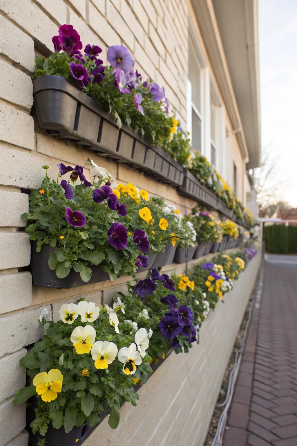 A vertical wall garden creates a living artwork with pansies.