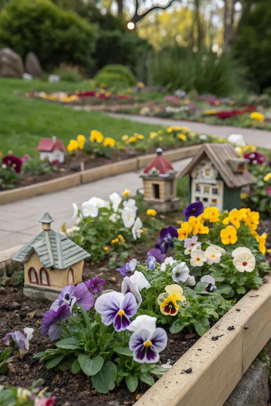 Pansies paired with fairy garden elements for a magical touch.