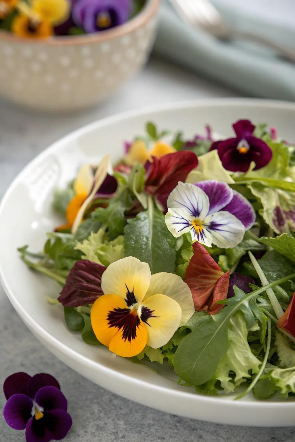 A fresh salad garnished with colorful, edible pansy flowers.