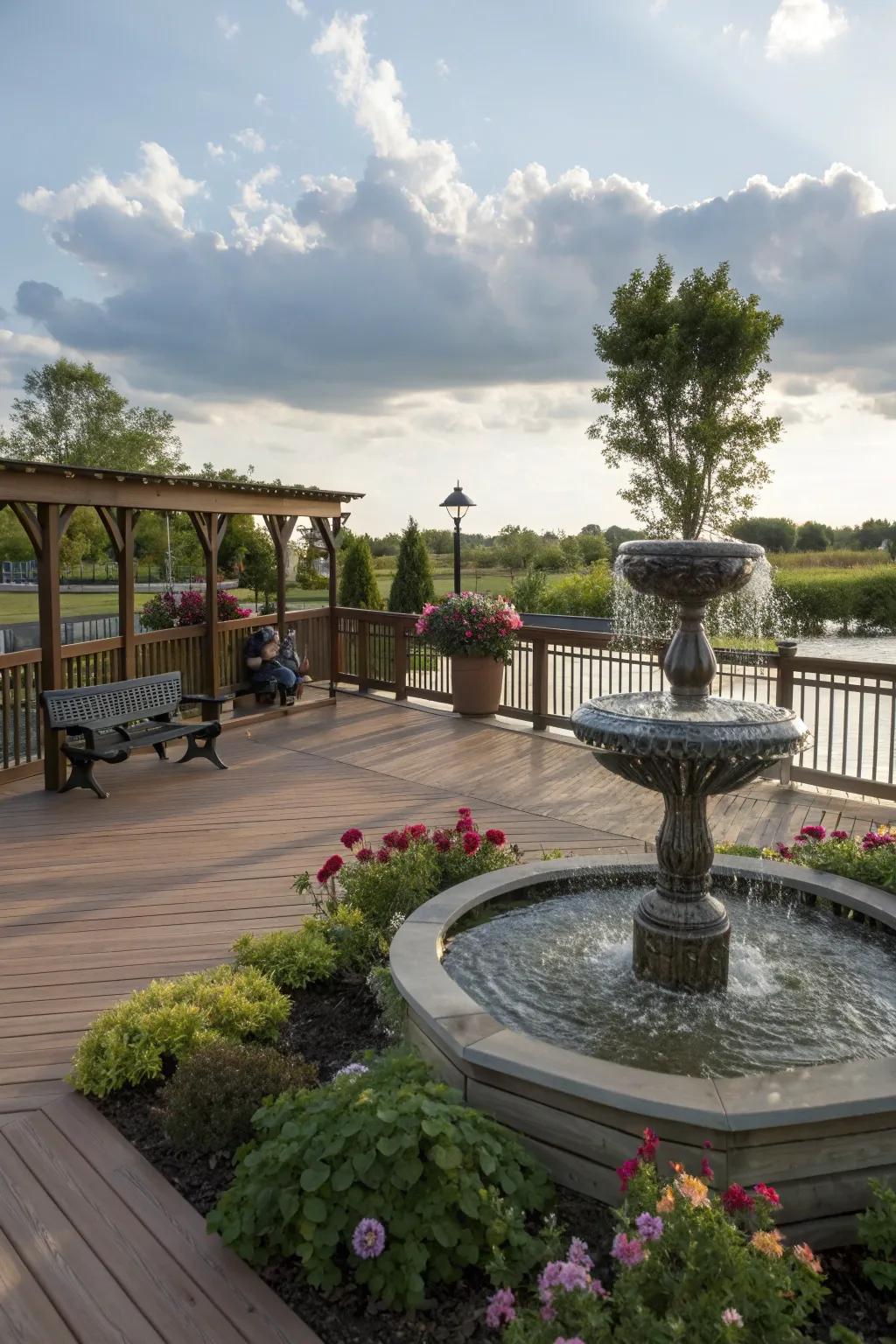 A water feature adds tranquility to the deck.