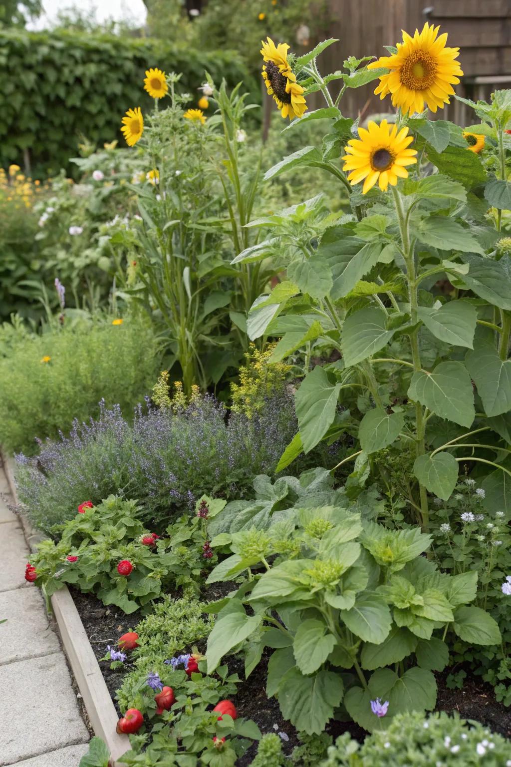 Edible elements add a functional twist to your flower bed.