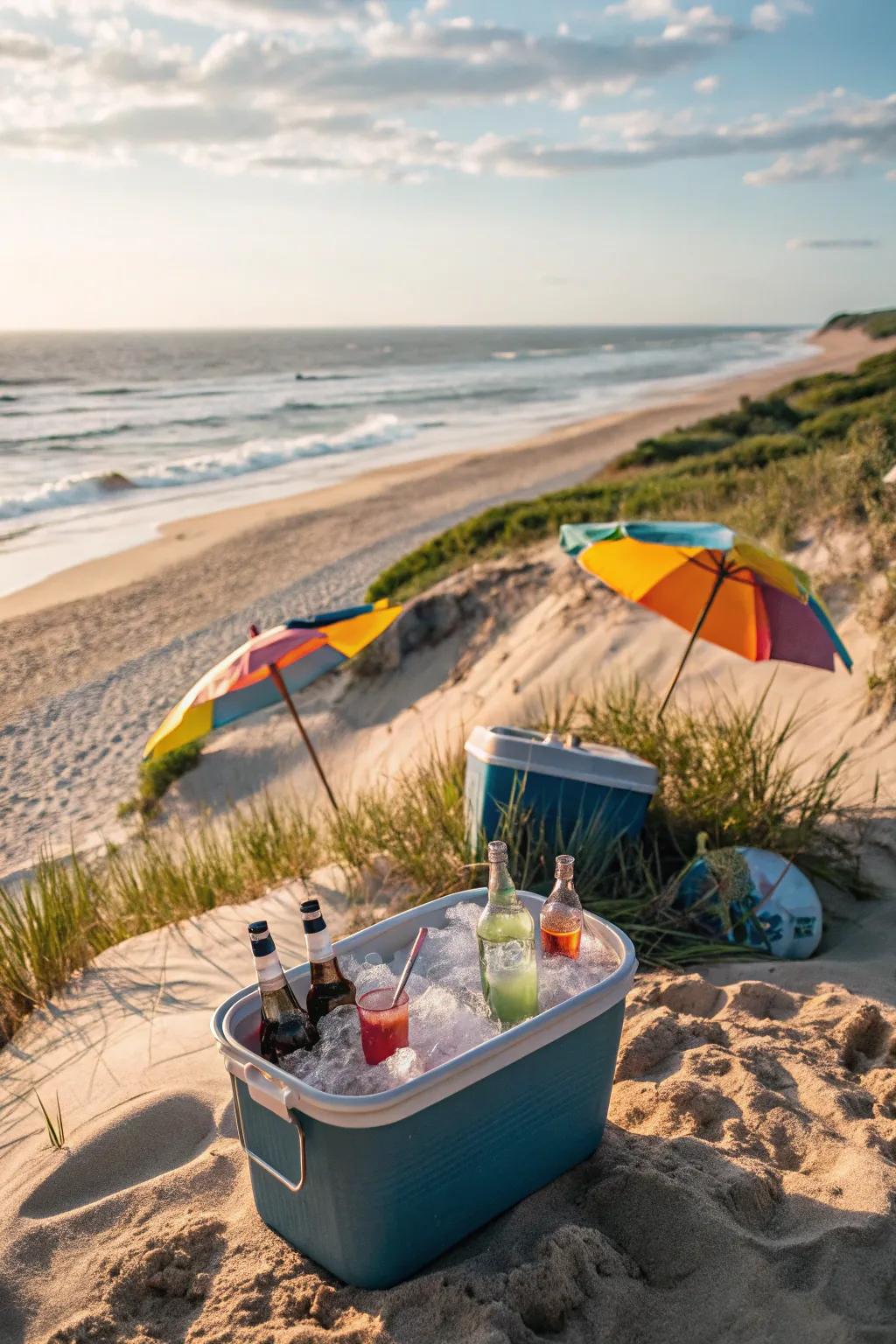 A beach sand cooler perfectly suited for a seaside gathering.