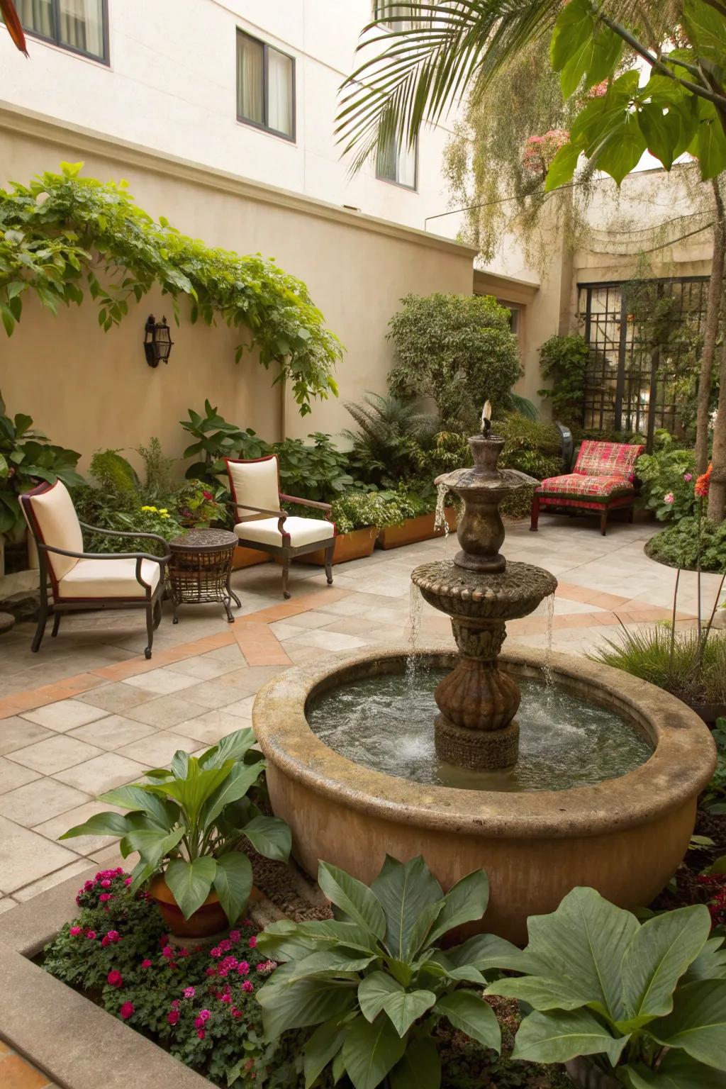 A tranquil water feature on the patio, adding a soothing ambiance.