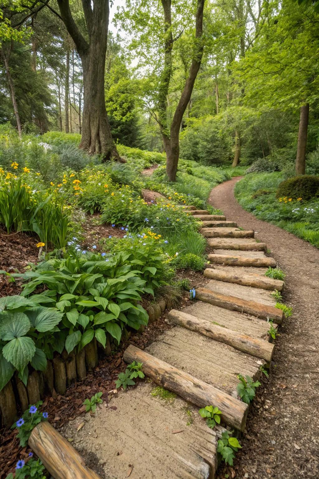Log edging creates a natural, woodland pathway.