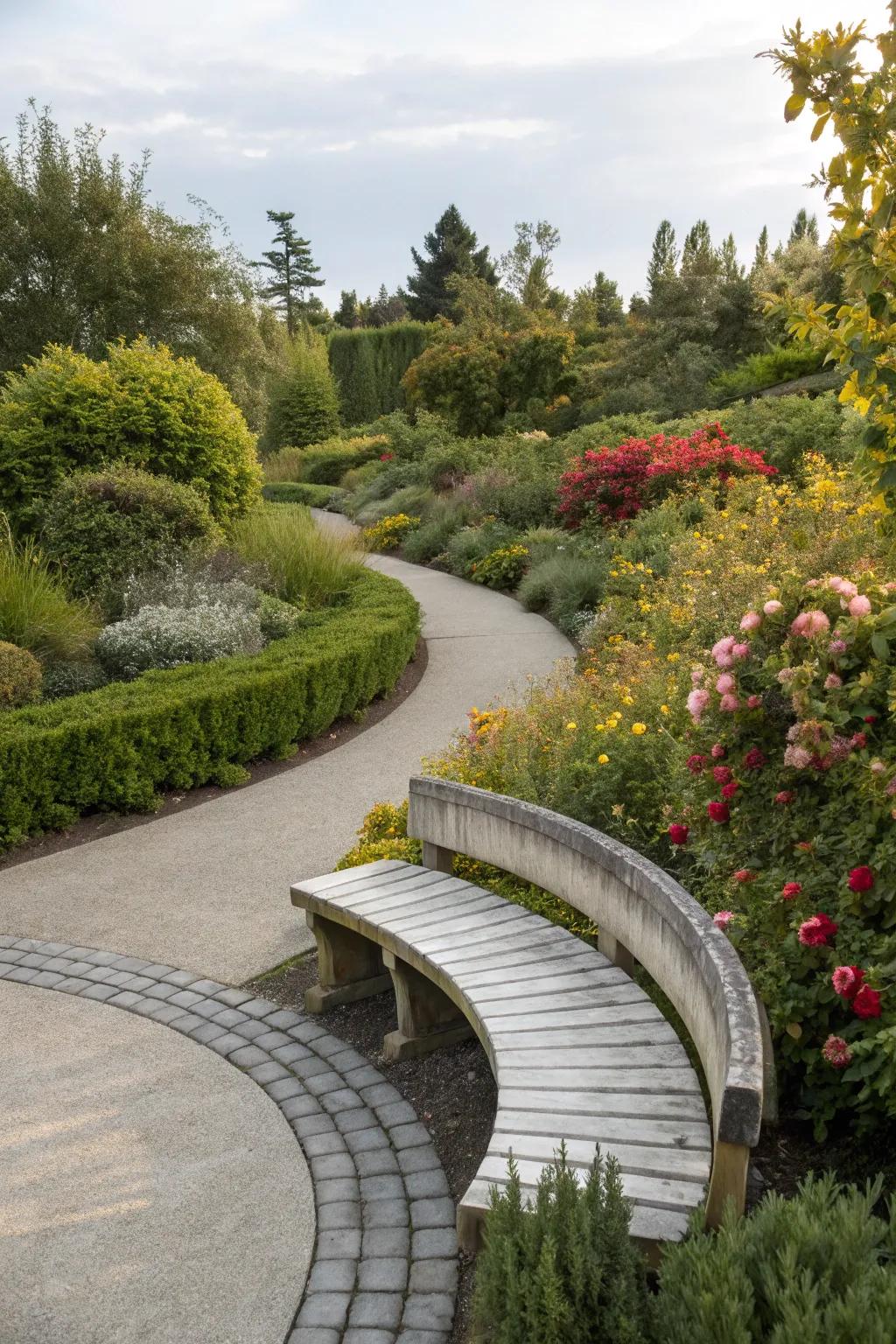 A curved bench that seamlessly integrates with natural garden paths.