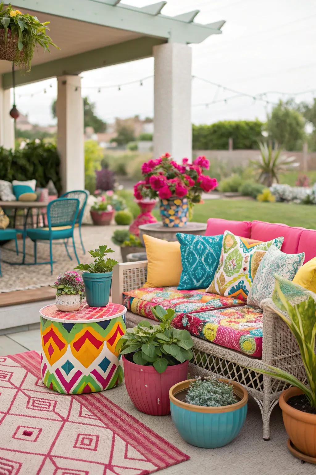 A vibrant patio with a mix of multicolor decor, creating an eclectic and lively atmosphere.