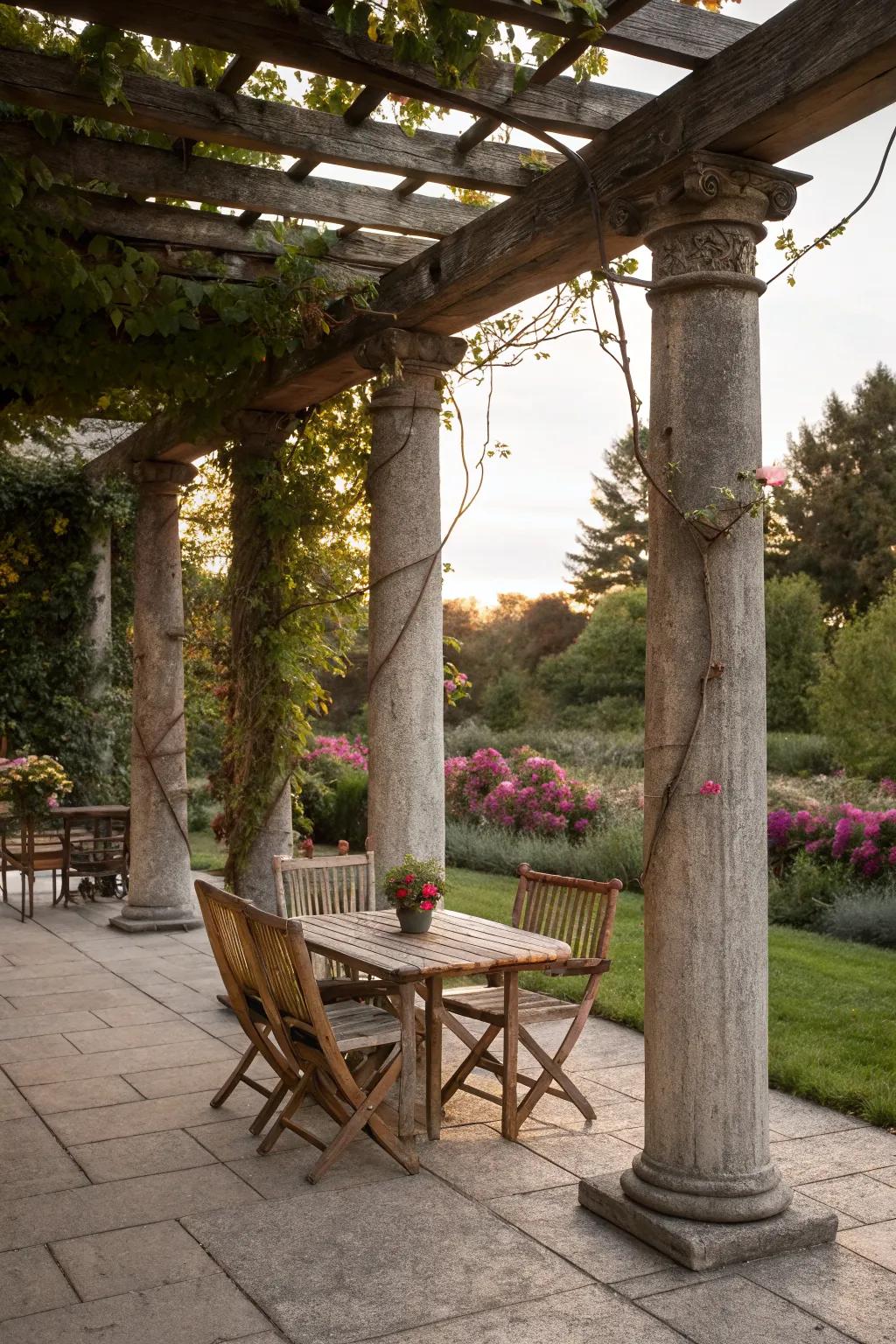 Weathered wood columns create a rustic, cozy feel.