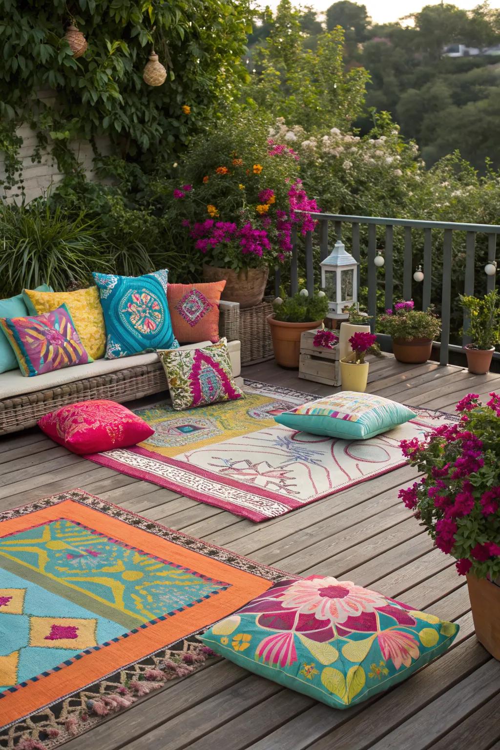 Decorative rugs add warmth and color to your patio deck, enhancing its appeal.