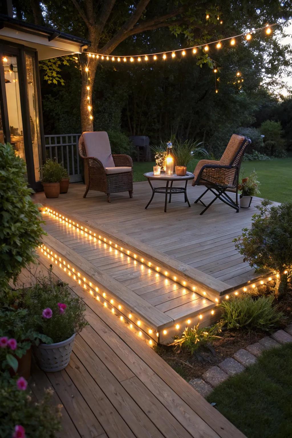 Rope lighting softly outlines and adds charm to the deck.