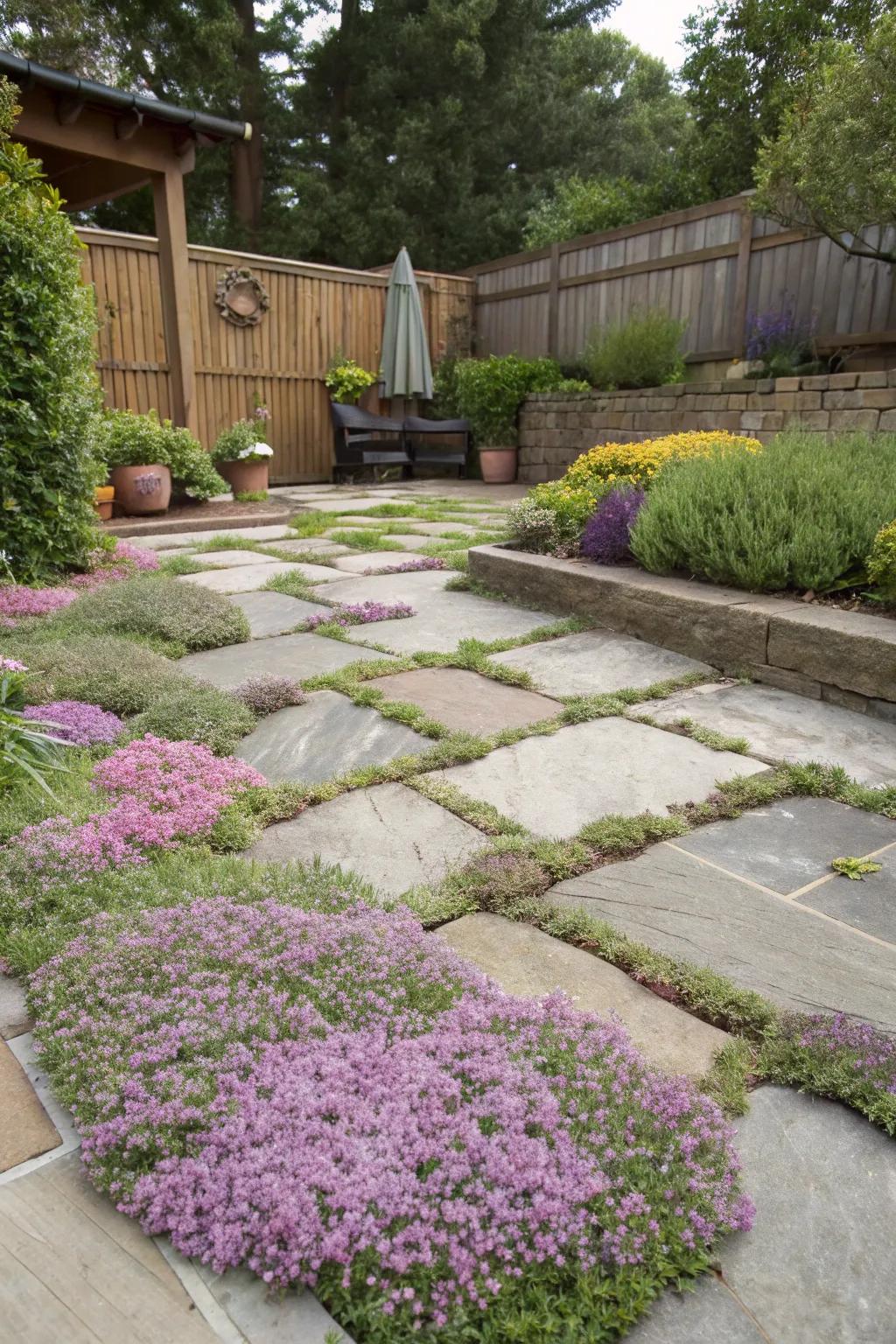Flowering ground covers adding a lush carpet of blooms.