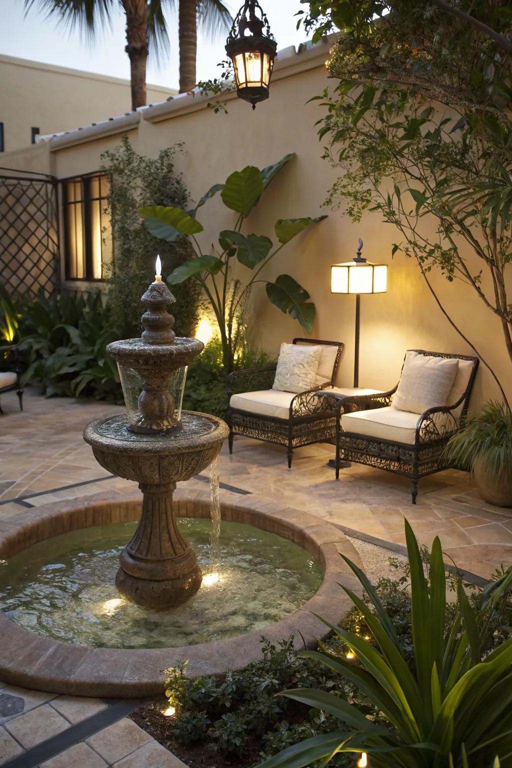 A tranquil water feature adding serenity to a patio setting.