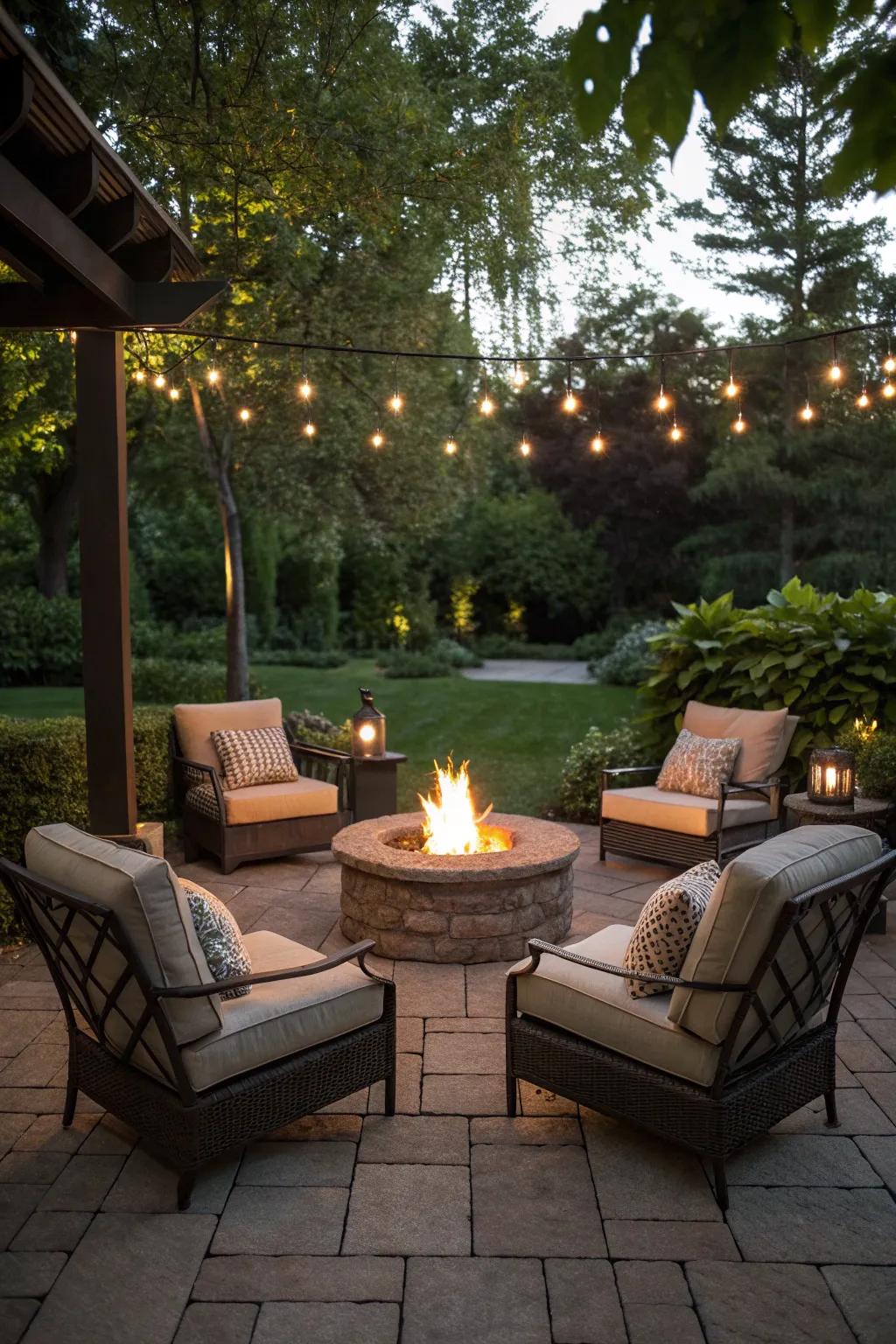 Symmetrically arranged matching sets around a fire pit for a balanced look.