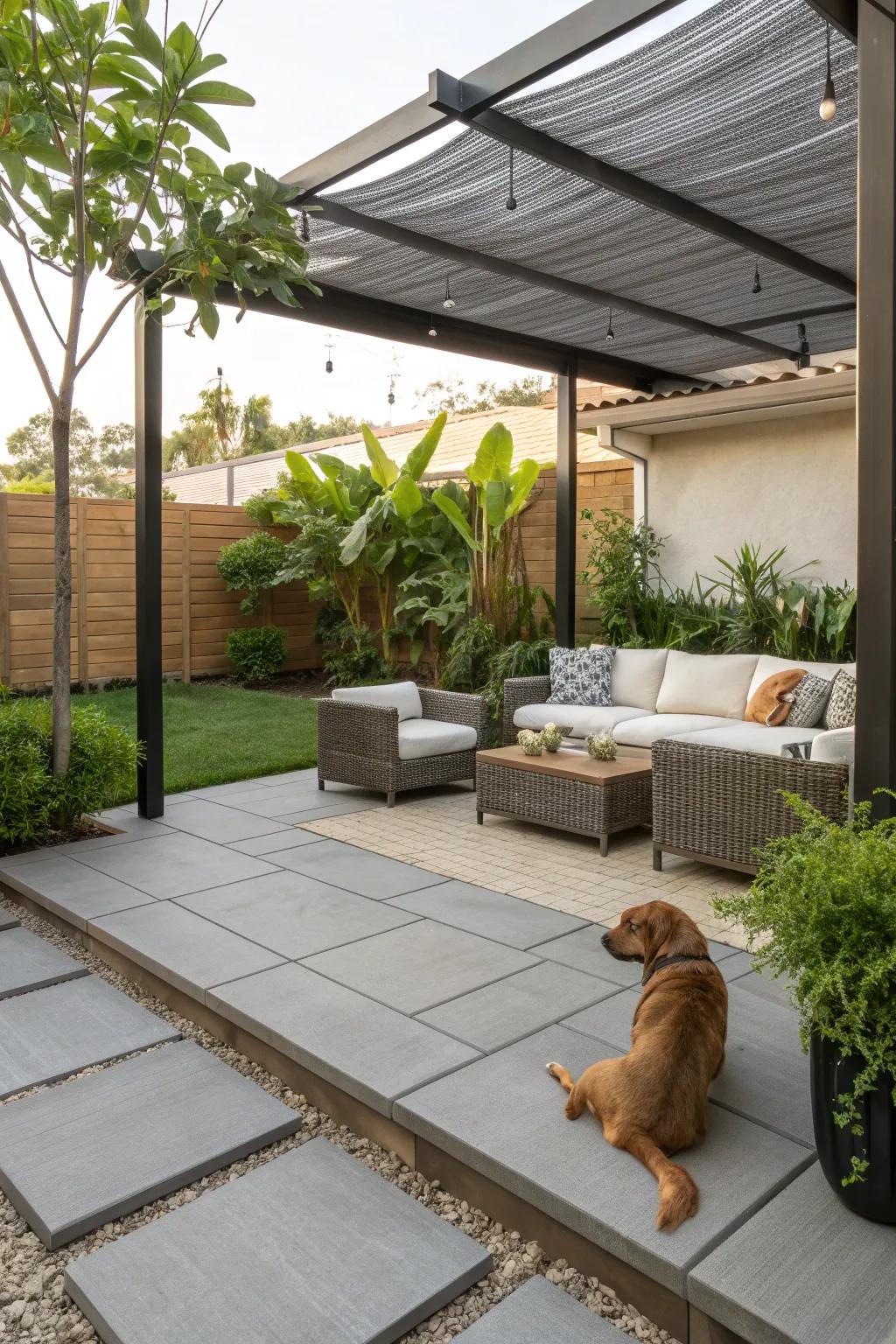A patio designed with pet-friendly features in mind.