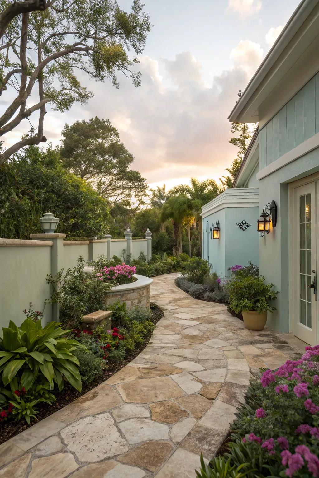 A rustic patio with natural stone accents and pathways.