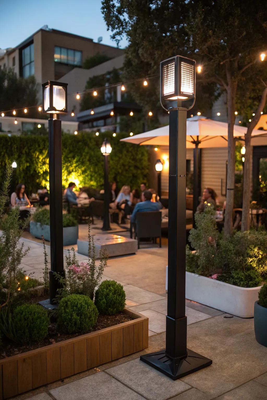 Integrated speaker poles provide both light and sound.