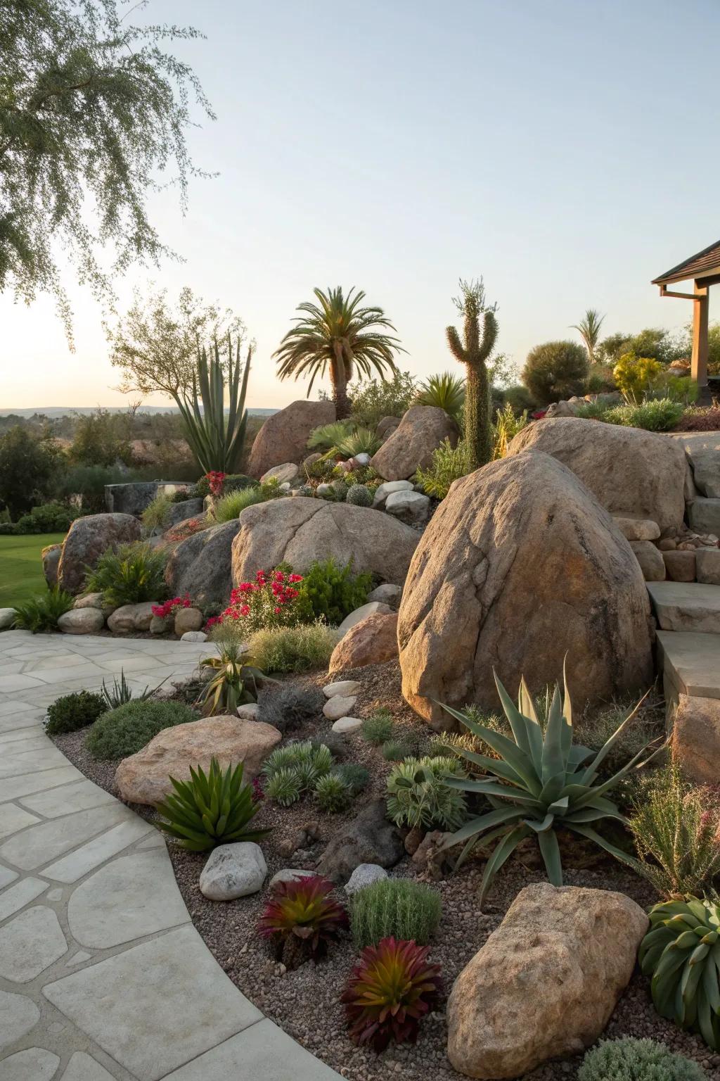 Rock gardens offer visual interest and require minimal care.