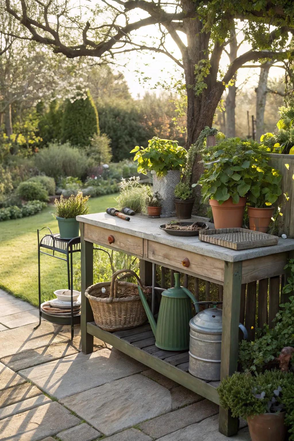 A garden workspace keeps gardening tools organized.