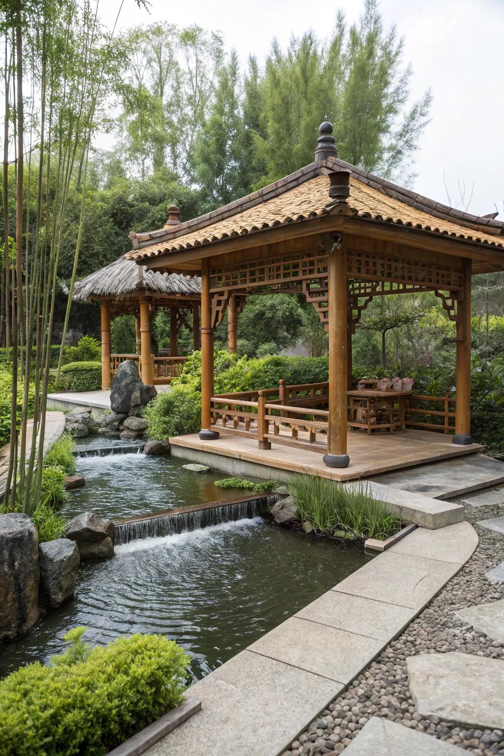 An Asian-inspired pergola offers a peaceful Zen retreat.