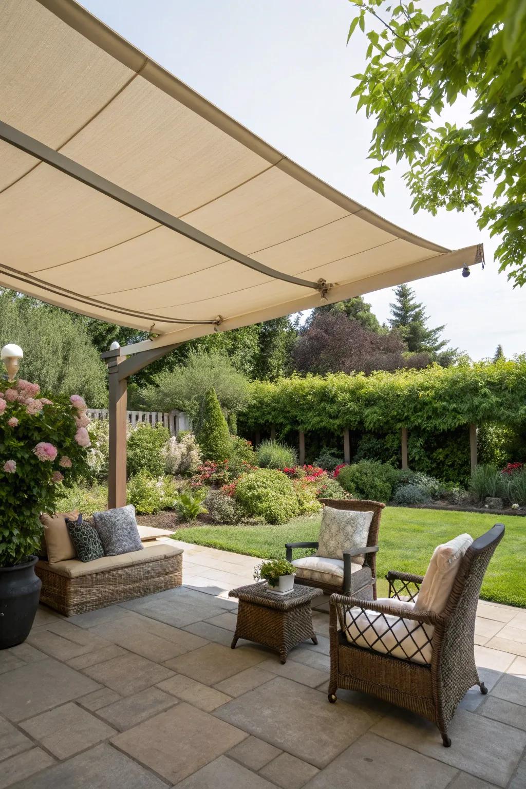 Canvas canopies offer soft, adjustable shade.