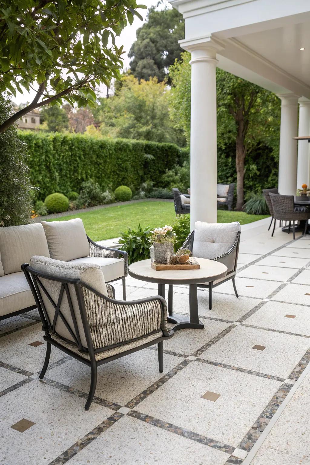 Micro terrazzo-look tiles bring subtle elegance to patios.