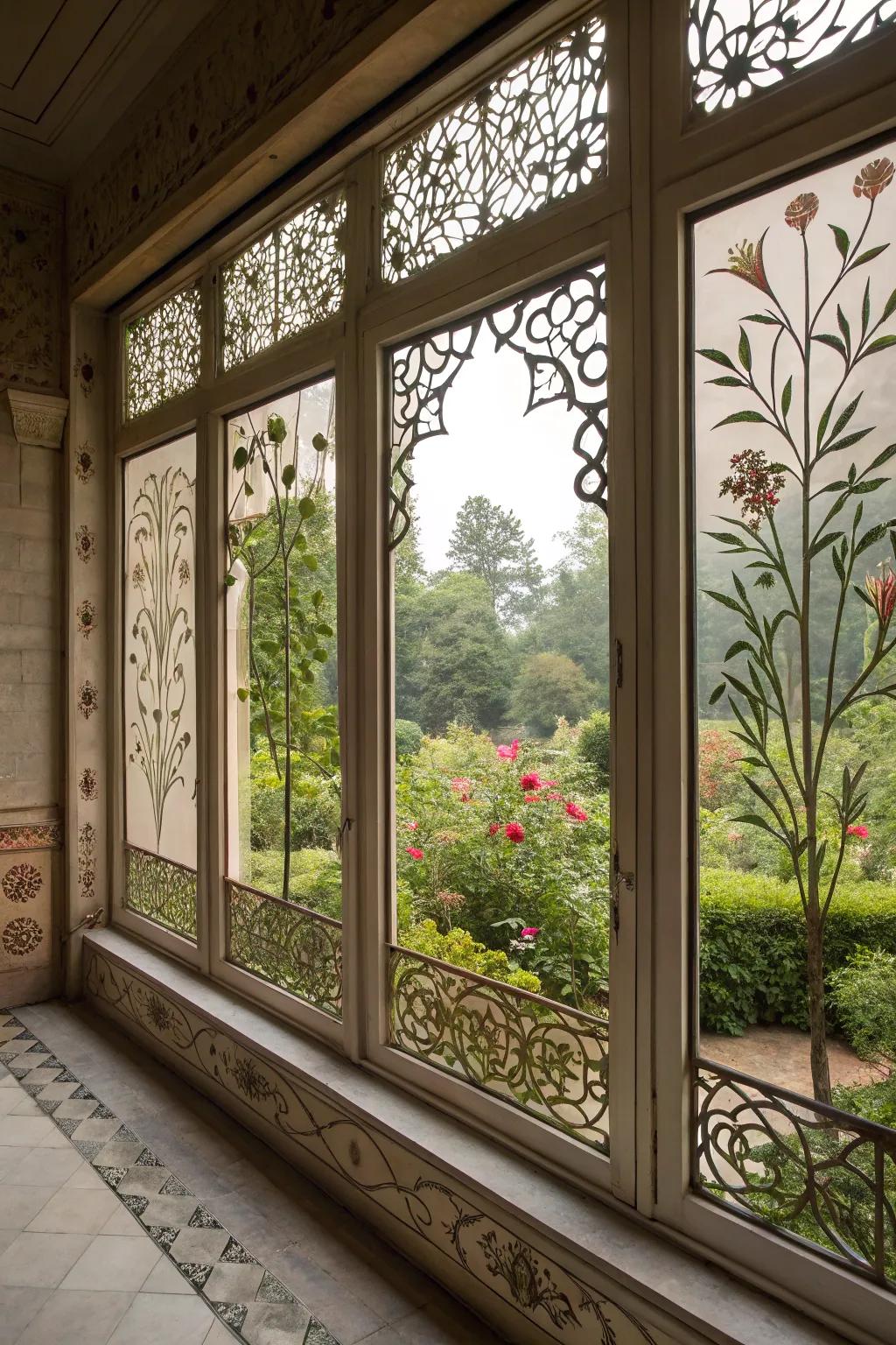 Nature-inspired window designs beautifully framing the garden.
