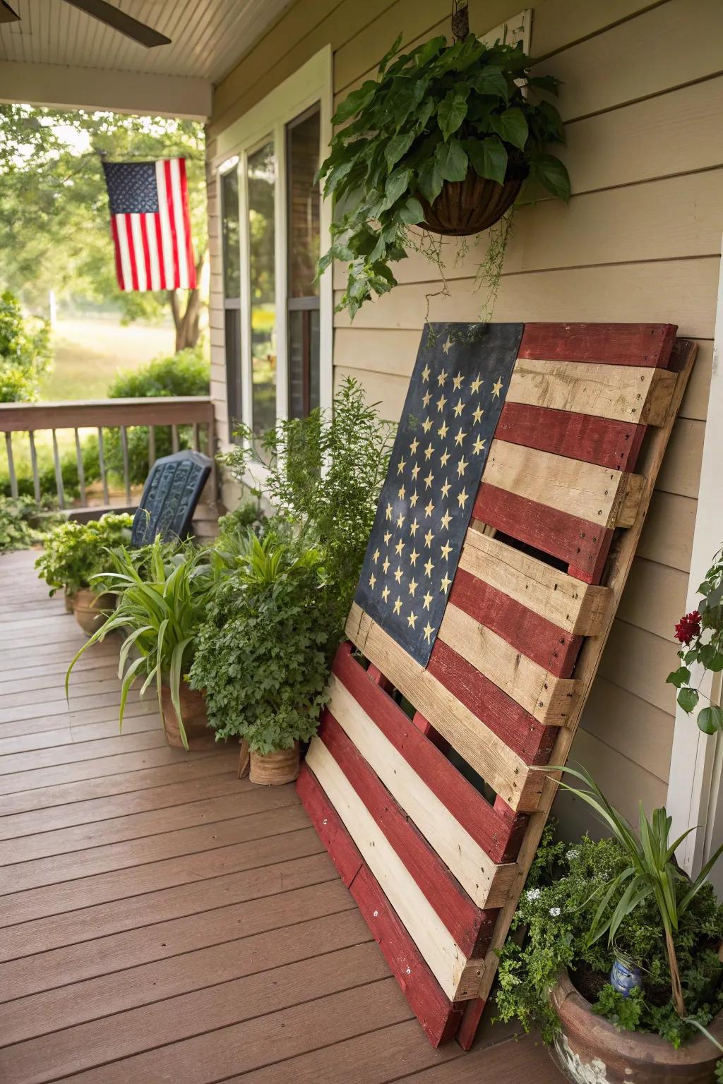 A painted wooden pallet flag adds a rustic and artistic flair to the porch.