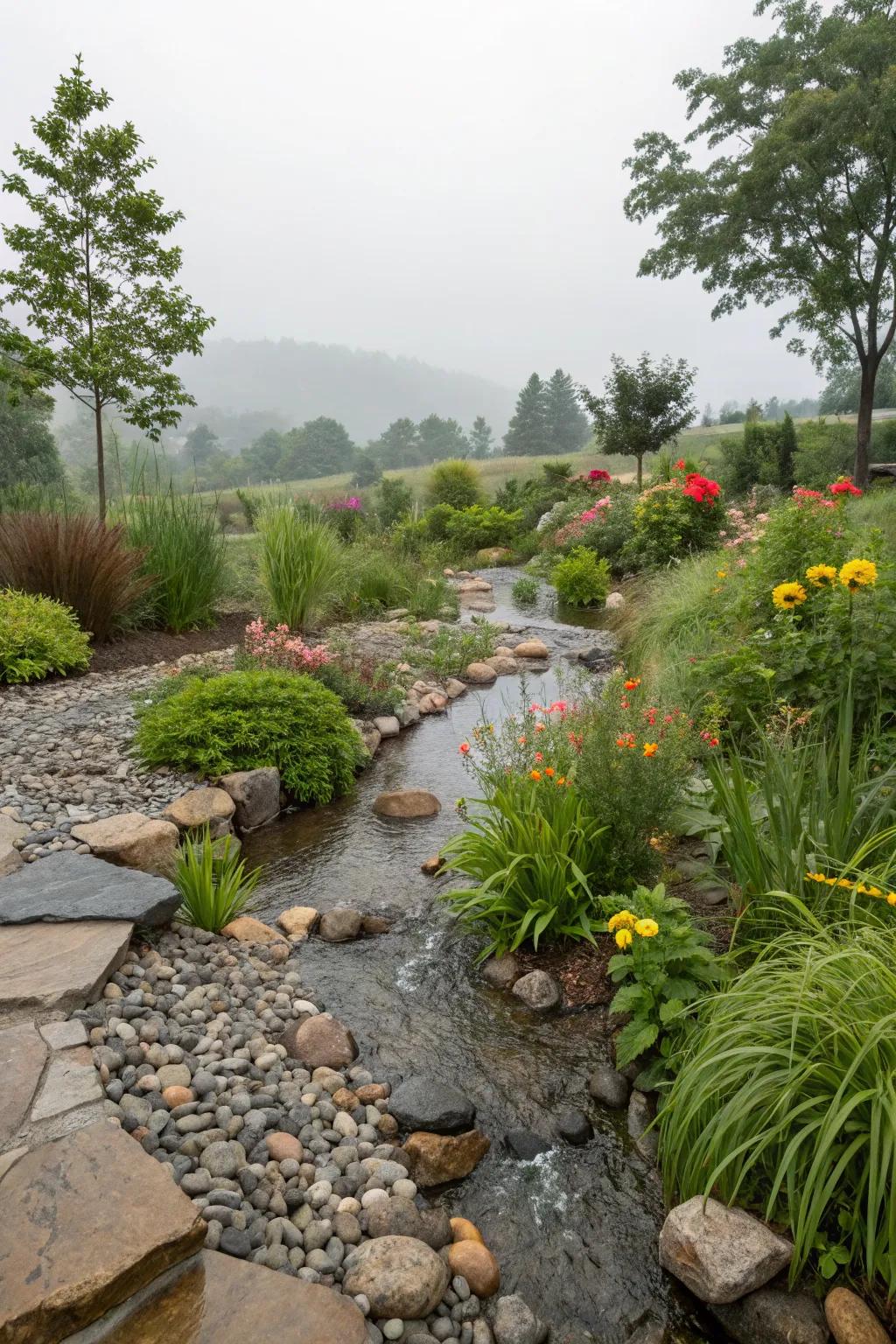 A functional and beautiful rain garden with gravel and pavers.