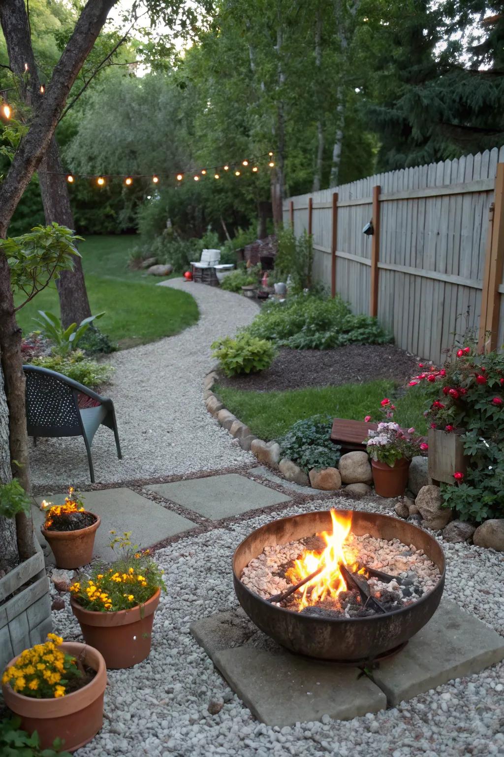 A rustic fire pit set on an easy-to-maintain gravel patio.