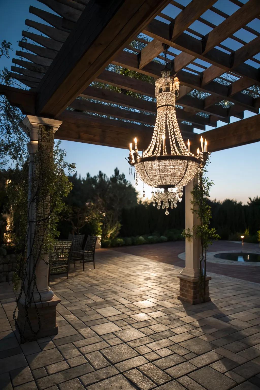 A bold chandelier adds elegance and grandeur to your patio.