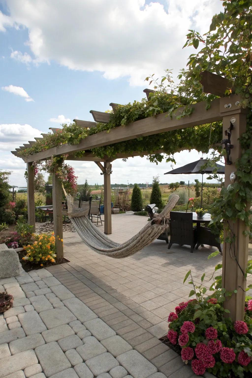 A hammock under a pergola promises ultimate relaxation.