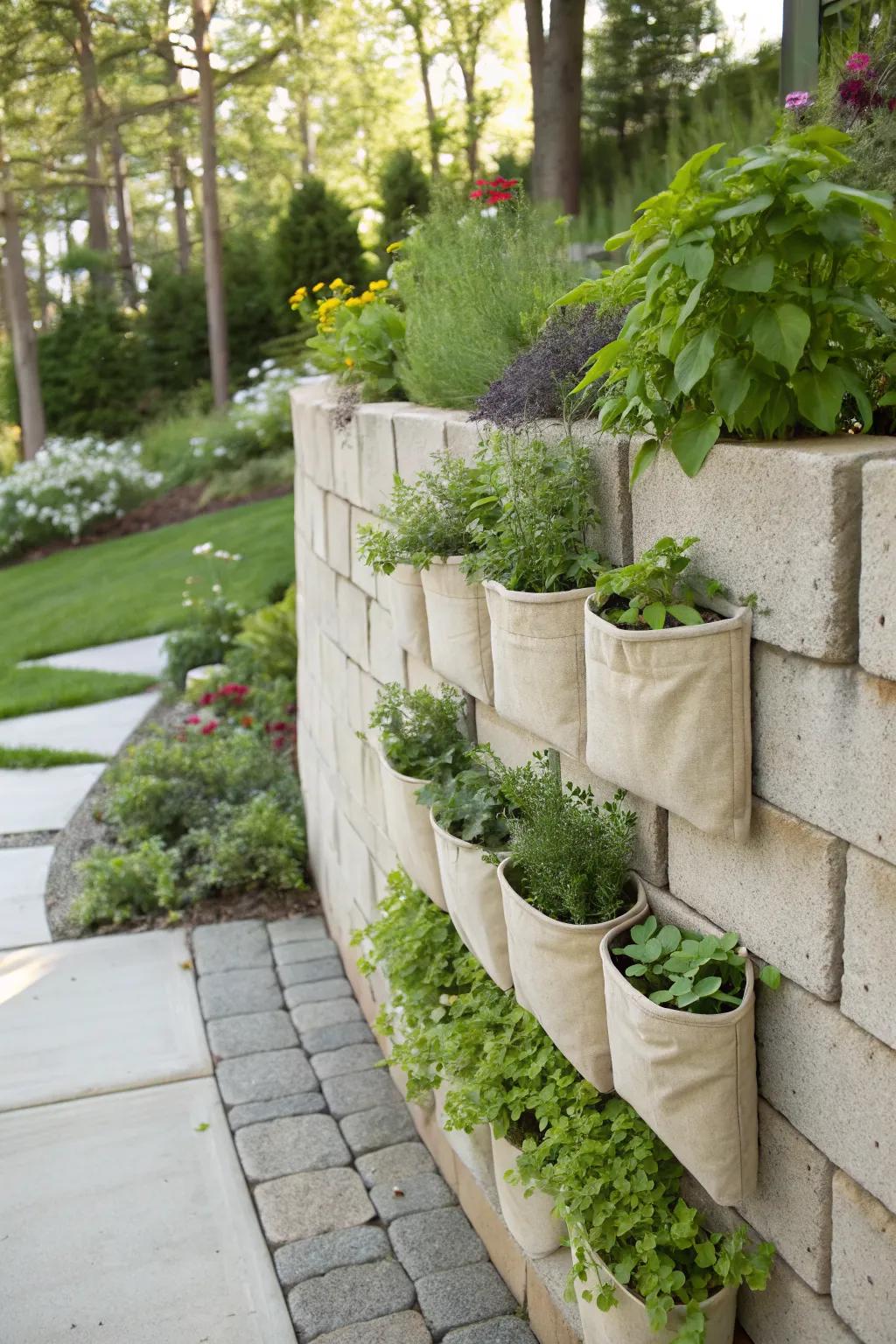 A practical and aromatic herb garden in a paver wall.