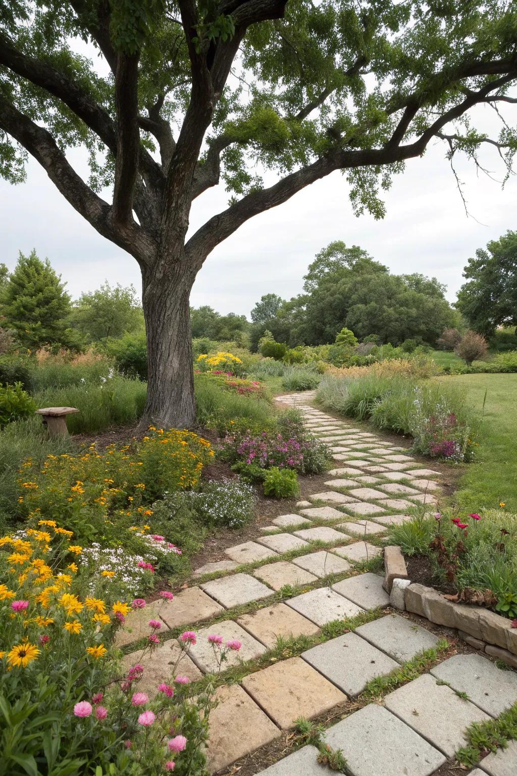 Wildflowers growing within paver gaps around a tree, attracting wildlife.