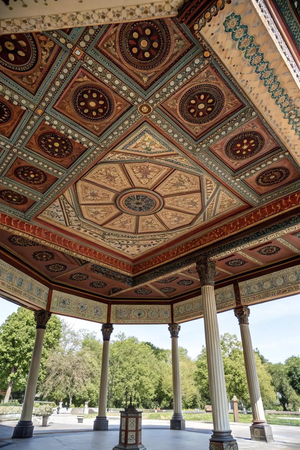 A pavilion ceiling with decorative tiles for added texture and charm.