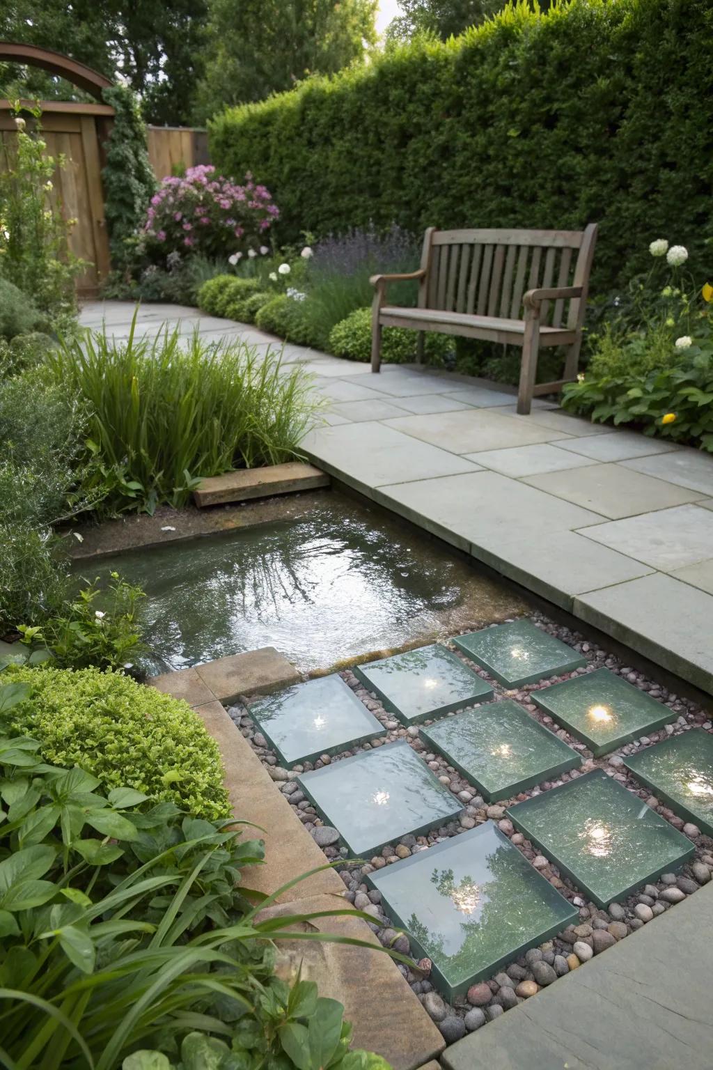 Add light and reflection with glass pavers.
