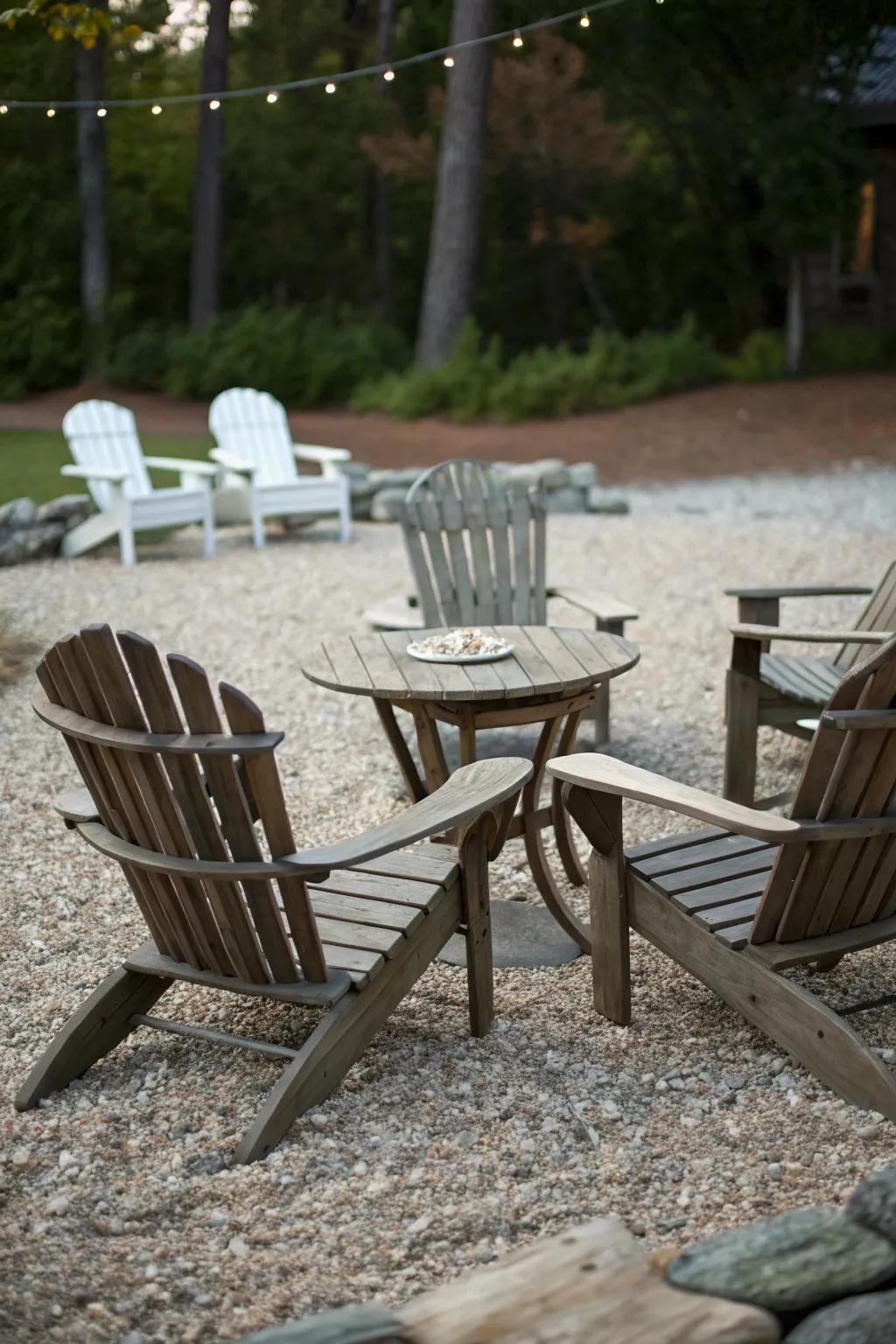 Seating areas on pea gravel invite relaxation and comfort.