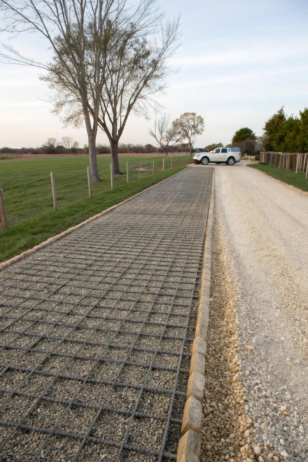 A low-maintenance pea gravel driveway with stabilizer grids.