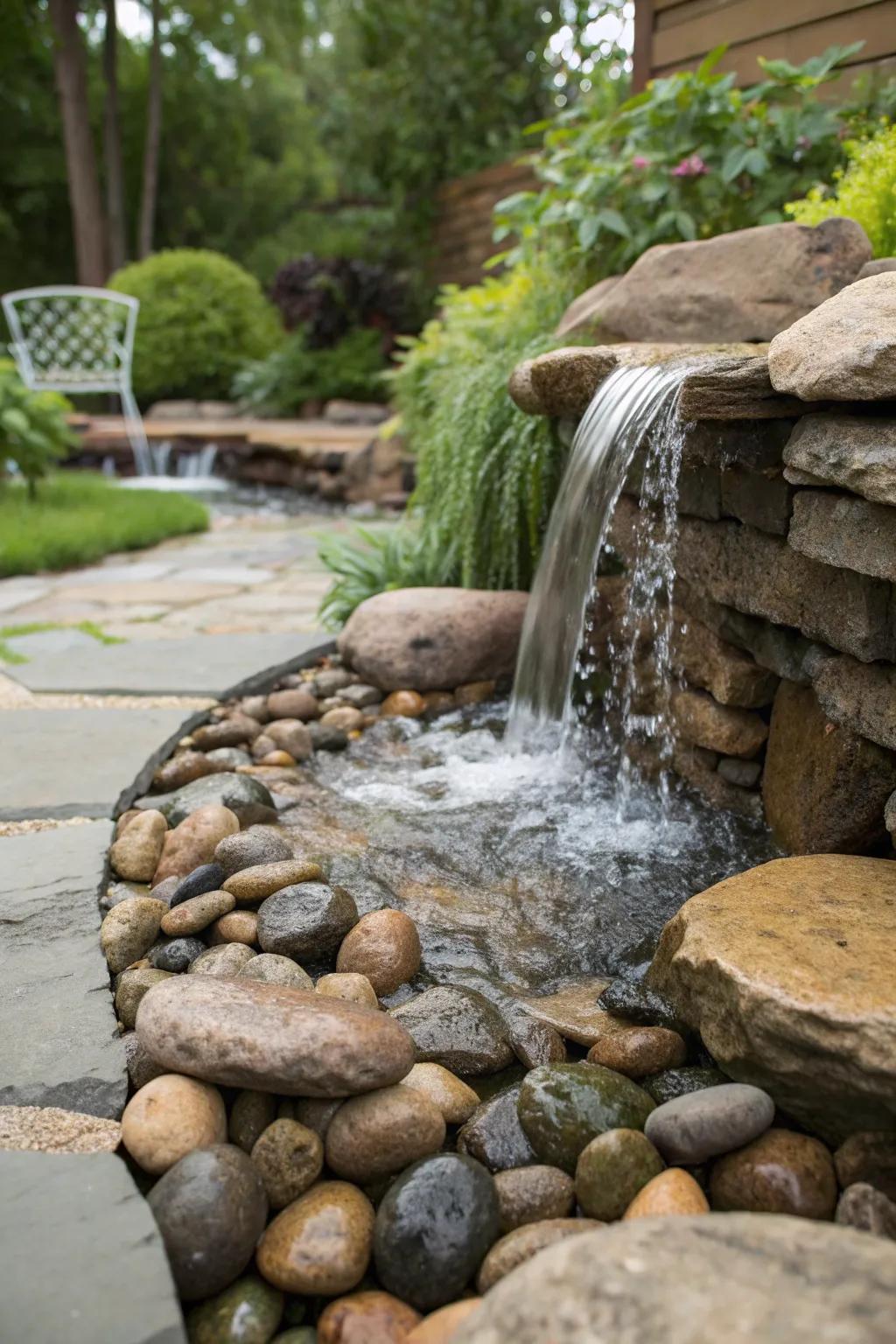 A soothing waterfall feature enhanced by pebbles.
