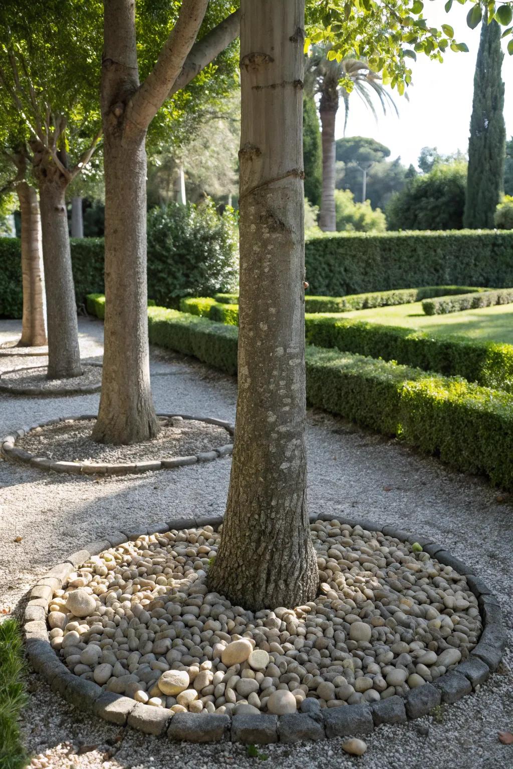 Pebbles around tree bases add both beauty and function.