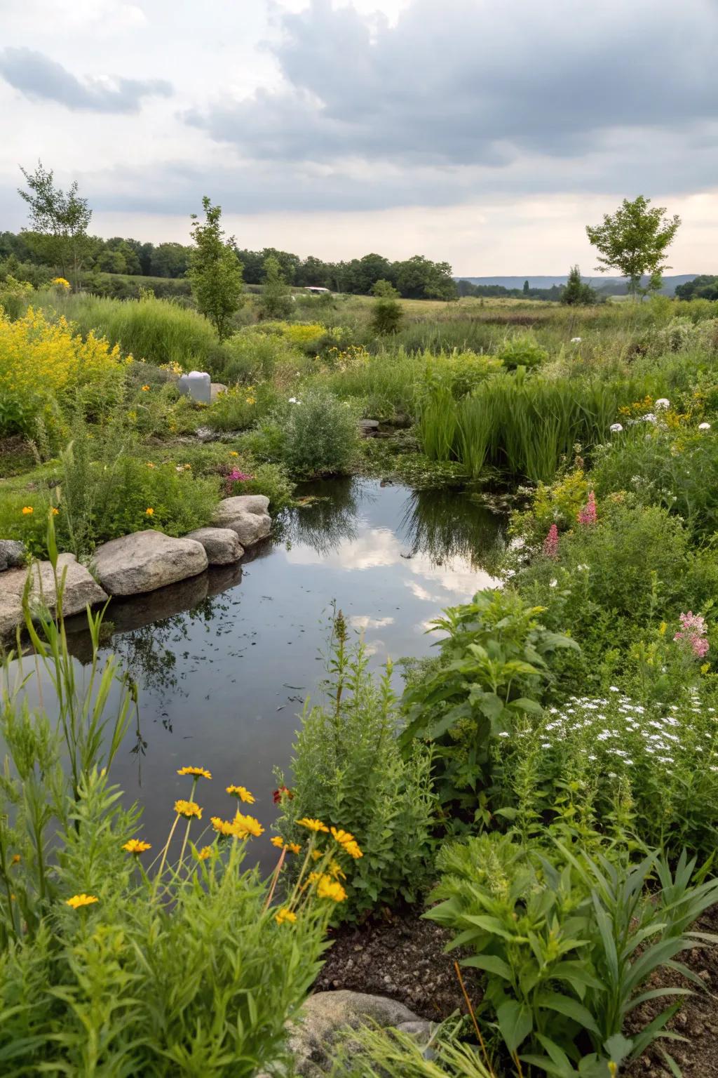 A rain garden efficiently manages runoff and supports native biodiversity.