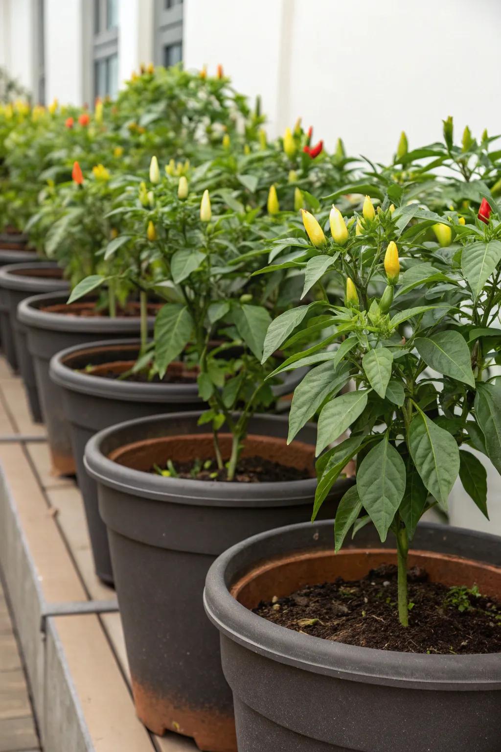 A potted garden oasis with diverse pepper plants, each thriving in its own space.