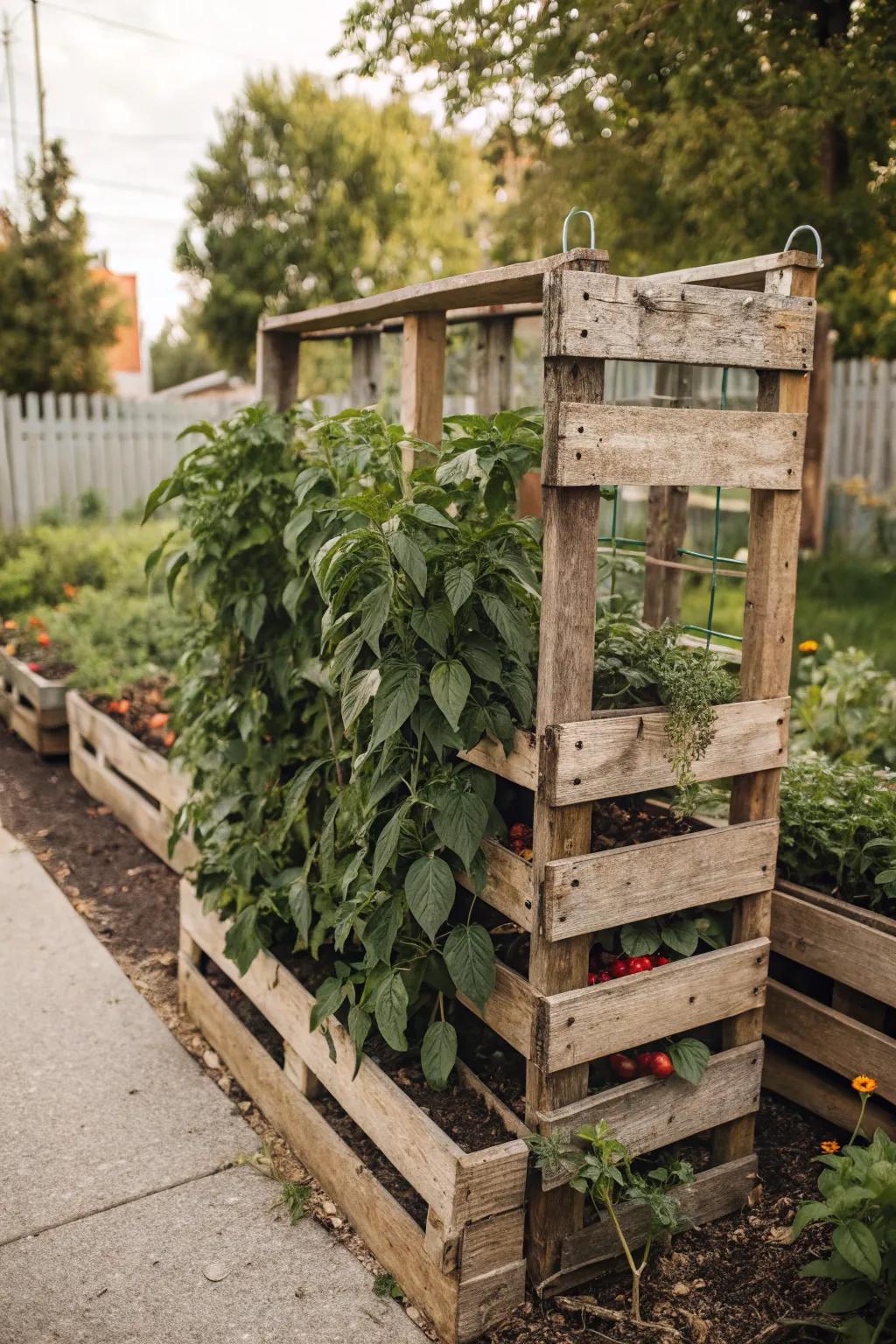 Recycled pallet trellises are budget-friendly and eco-conscious.
