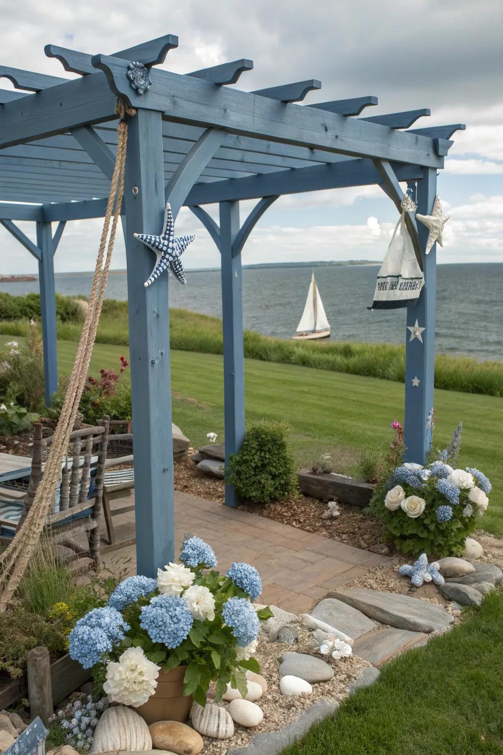 Slate blue pergolas offer a cool, sophisticated touch to coastal gardens.
